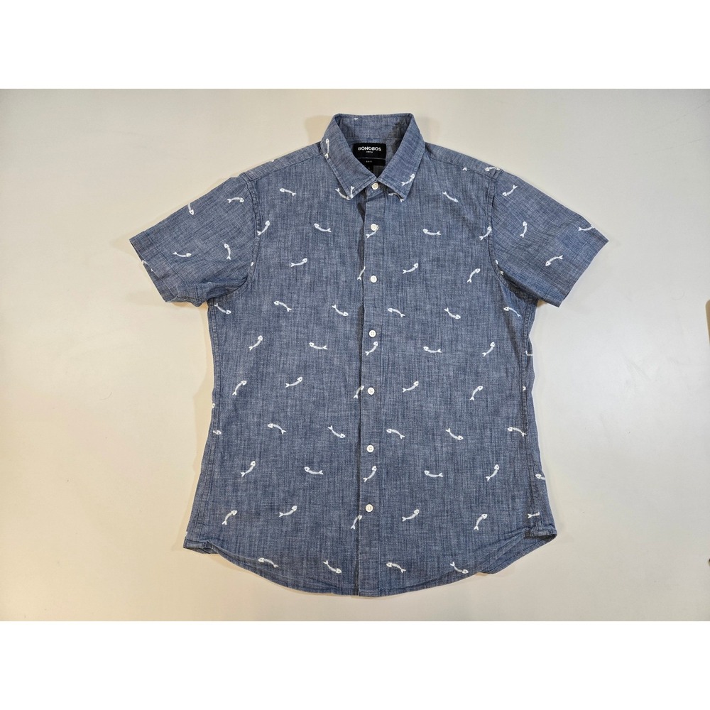 Bonobos Stretch Slim Fit Mens L Blue Fish Bone Print‎ Short Sleeve Button Down